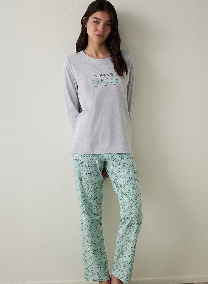 بنتي طقم بيجامة قطن بأكمام طويلة وياقة دائرية لمزاج عطلة نهاية الأسبوع - Image 1